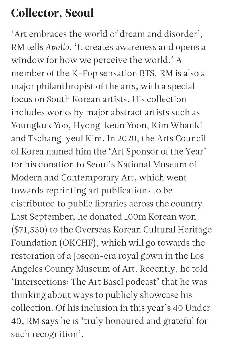 Namjoon included in Apollo Magazine’s 40 under 40 

“Art embraces the world of dream and disorder. It creates awareness and opens a window for how we perceive the world.” 

🔗 apollo-magazine.com/rm-namjoon-kim…