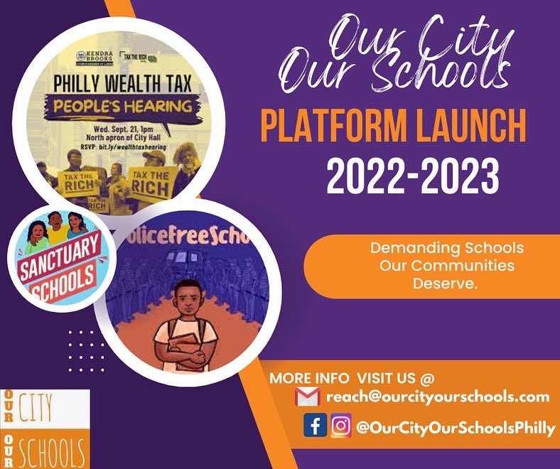 OCOSphl's tweet photo. Our City Our Schools 2022-2023 PLATFORM LAUNCH DAY!
WE THE PEOPLE DEMAND BETTER FOR OUR COMMUNITIES
#phillyschools #phillystudentsmatter #phillyedjustice #OCOSphilly #PhillyBOE #PoliceFreeSchools #EmpowerYouth #SanctuarySchools #EquitableFunds #TaxtheRICH #phillyteachers https://t.co/FRRDNkP7PT