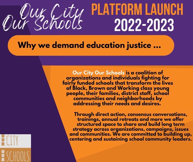 OCOSphl's tweet photo. Our City Our Schools 2022-2023 PLATFORM LAUNCH DAY!
WE THE PEOPLE DEMAND BETTER FOR OUR COMMUNITIES
#phillyschools #phillystudentsmatter #phillyedjustice #OCOSphilly #PhillyBOE #PoliceFreeSchools #EmpowerYouth #SanctuarySchools #EquitableFunds #TaxtheRICH #phillyteachers https://t.co/FRRDNkP7PT
