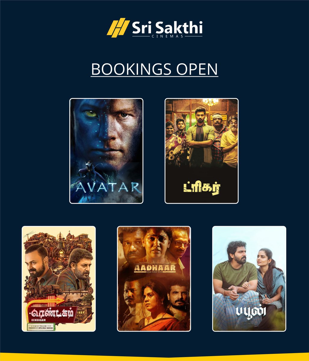 srisakthicinema's tweet photo. bookings open!

#Avatar English 3d with 48fps
#trigger 
#buffoon 
#Rendagam 
#Aadhaar https://t.co/wfPVzzQfyY