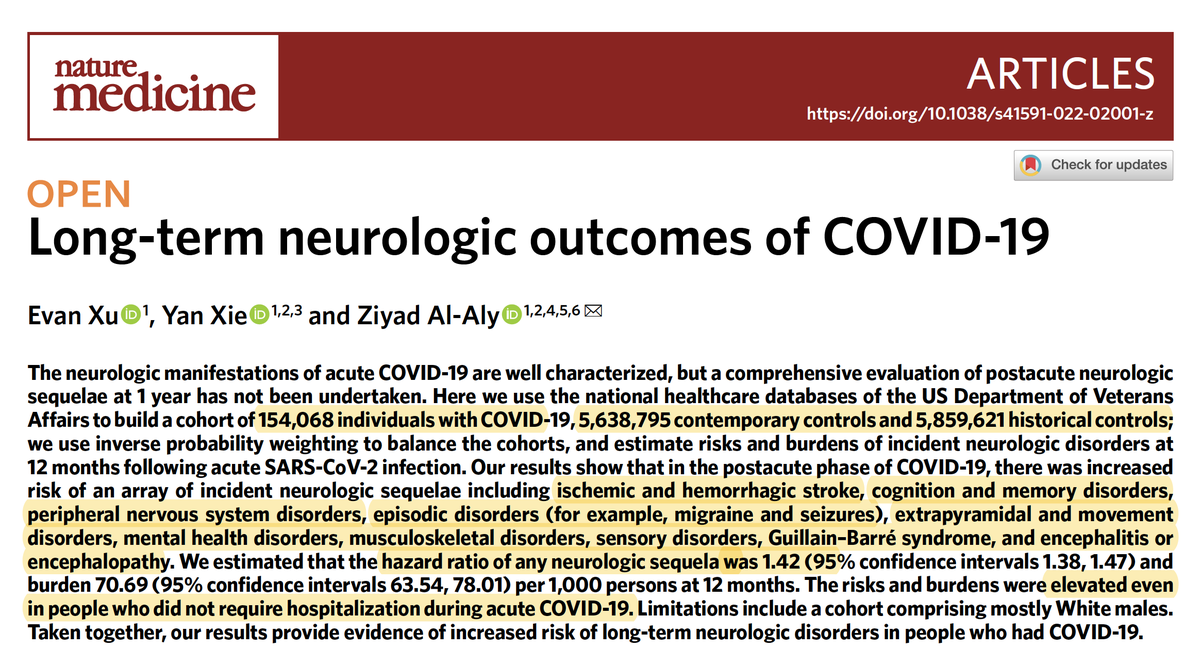 EricTopol's tweet image. 🆕@NatureMedicine 
Comprehensive analysis of #LongCovid neurologic outcomes at 1 year from &amp;gt;150,000 people vs &amp;gt; 11 million controls including risk of stroke, cognitive disorders, peripheral nervous system. Substantial burden even w/mild infections
nature.com/articles/s4159…
@zalaly