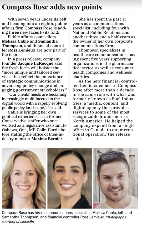 CompassRoseGr's tweet photo. “Our clients’ needs are becoming increasingly multi-faceted in the digital world with a rapidly evolving public policy landscape,” - @JacquieLaRocque in yesterday’s feature Heard on the Hill in @TheHillTimes about our new team members.
https://t.co/rntOODPQ1U https://t.co/N5Ti7dGlls