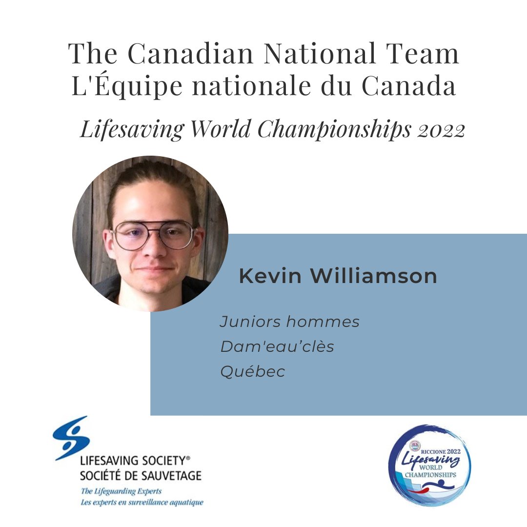 Félicitations à Kevin Williamson, qui représentera le Canada du 27 septembre au 3 octobre aux Championnats du monde de sauvetage 2022 à Riccione, en Italie.