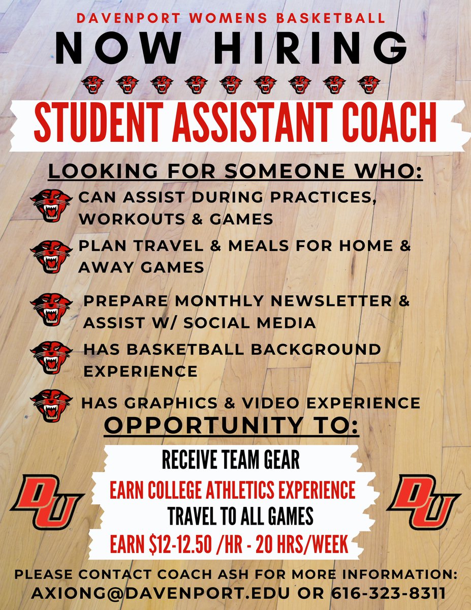 DU_WBB's tweet photo. Opportunity to join our Women's Basketball Program and gain experience in collegiate athletics. Apply at the link below:

https://t.co/oZ4zAhWDMY https://t.co/VEibTyuU7r