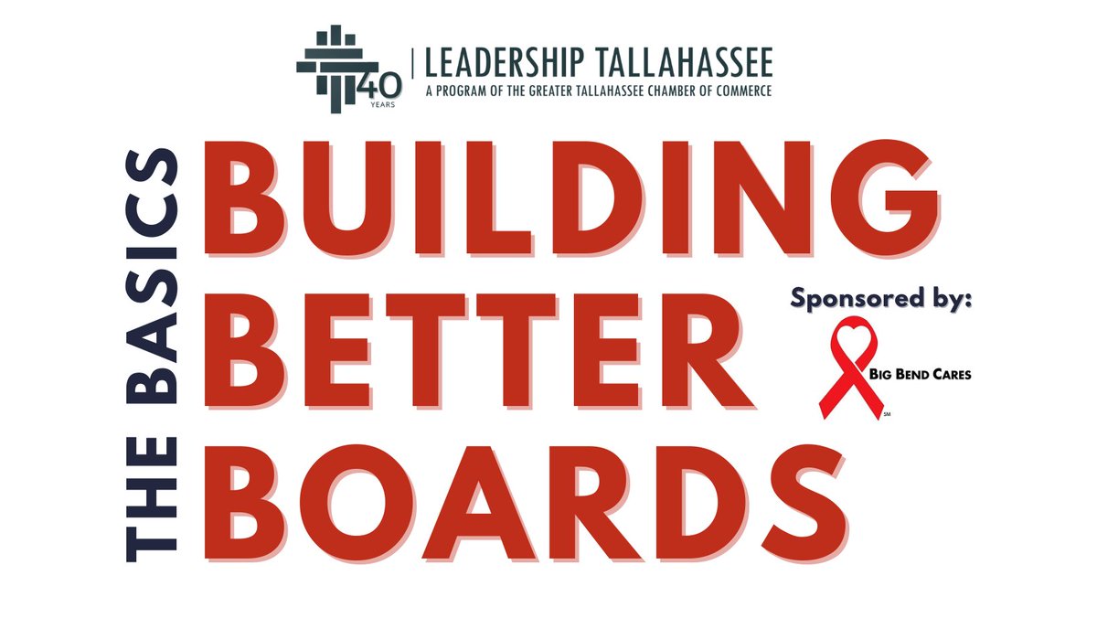 StansburyCFRE's tweet photo. New to serving or interested in serving on a #nonprofit board? Plan to attend @LeadTLH Building Better Boards: The Basics OCT 4; thanks to @BigBendCares for sponsoring!  Register here: https://t.co/2IJD3PH60T https://t.co/GNxWYeeP99