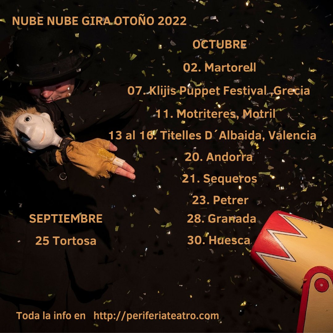 Los cuentos son una hermosa y emocionante forma de transmitir ideas y emociones. 
Este otoño,  te contamos la historia de amor de Luz y Marchelo en "Nube Nube'.
Teatro para toda la familia.
Toda la info en nuestra agenda
periferiateatro.com
#periferiapuppettheatre