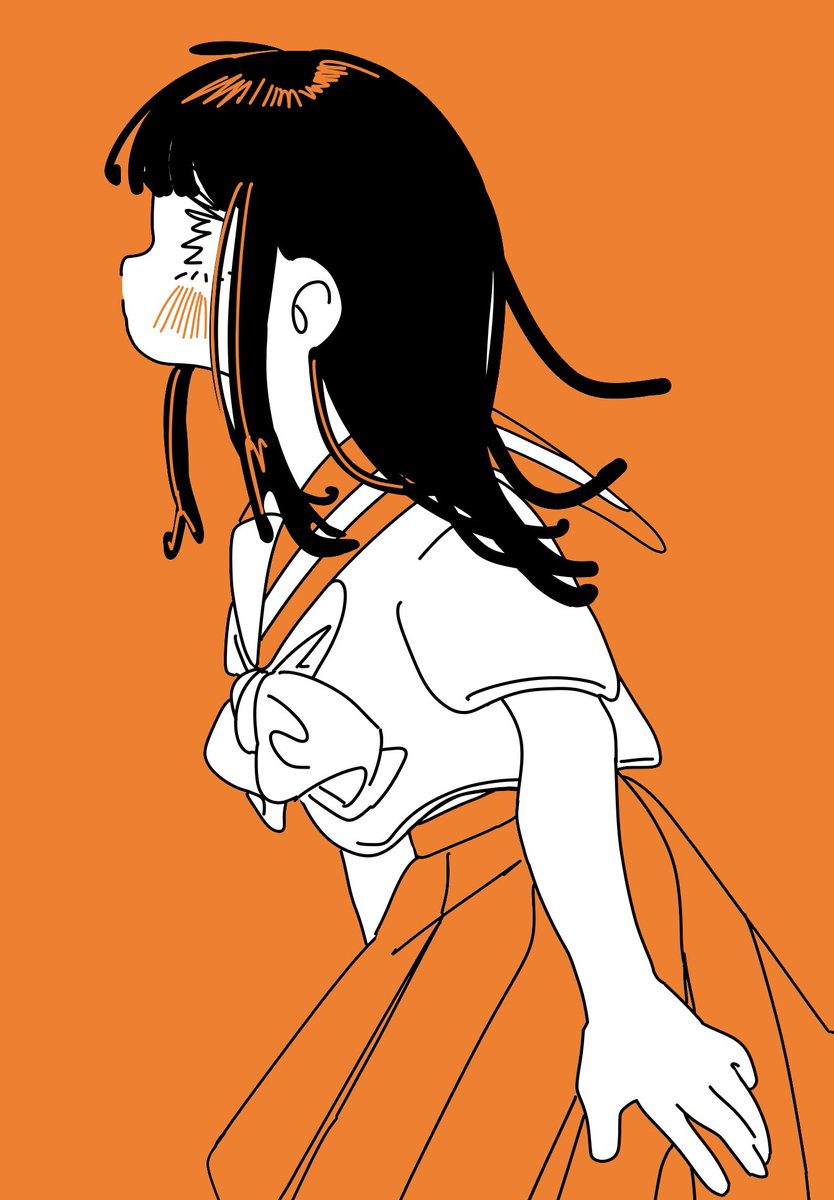 1girl solo skirt simple background short sleeves orange background blush  illustration images
