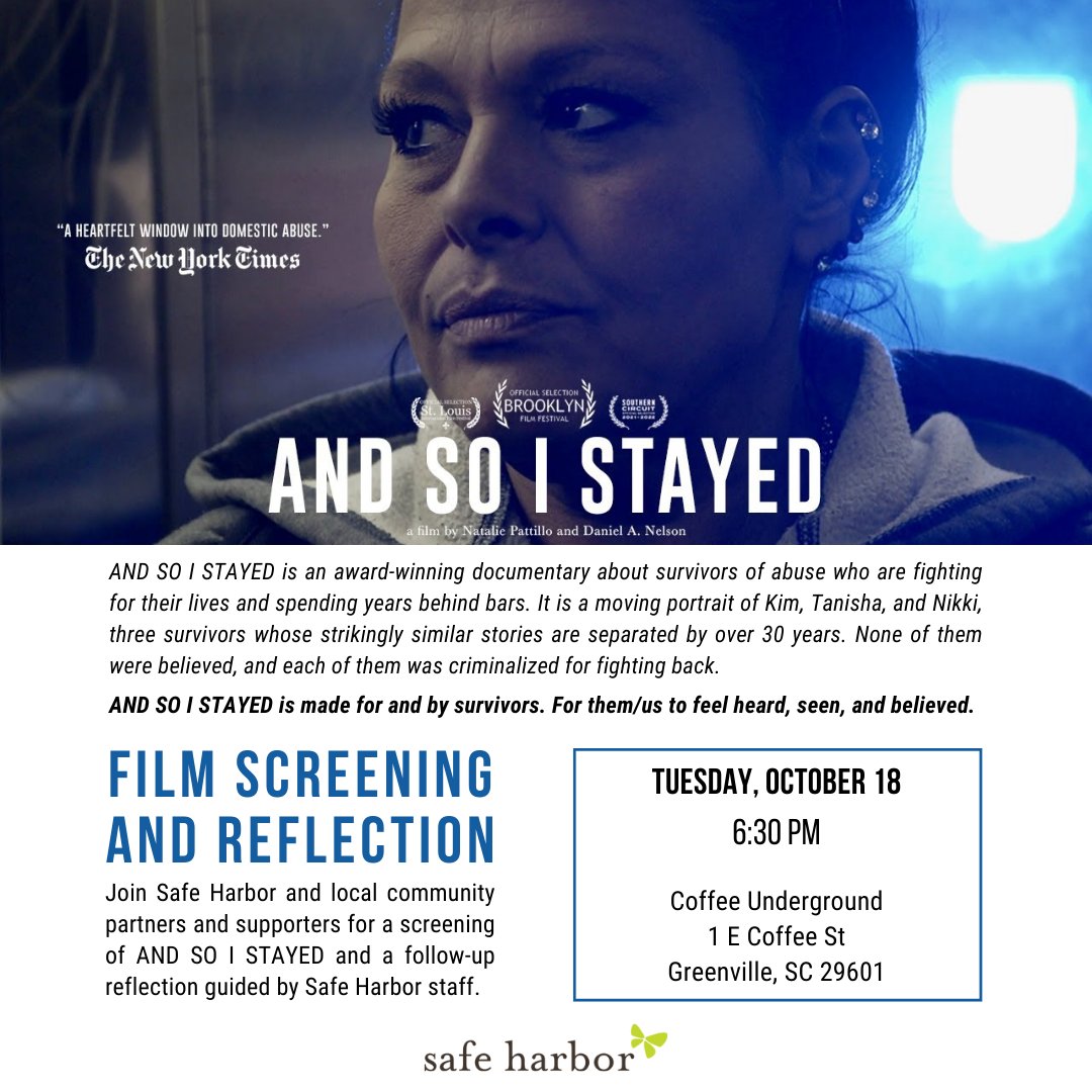 Join us for a screening of the film, And So I Stayed, followed by a reflection led by Safe Harbor staff!

The event is free of charge and coffee and light refreshments will be served! 

Click here for more information and to register for the screening: safeharborsc.org/events/16/and-…