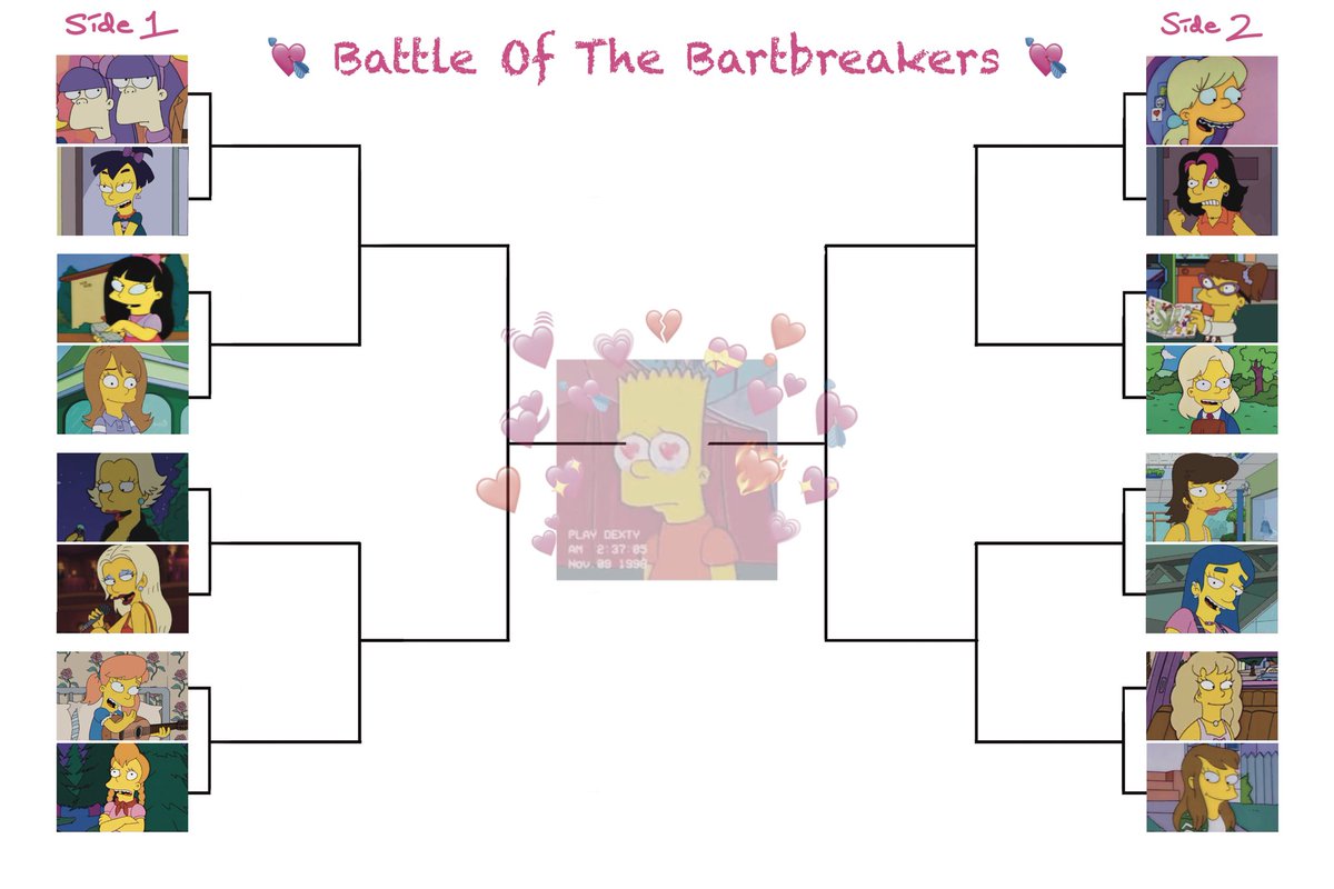 LET'S GOOOO
which of bart's lady friends do YOU think would provide the most compelling/fulfilling/logical relationship for him if they explored it further??? (ex: more eps, future timelines, etc)
vote now on ur phones 📱 