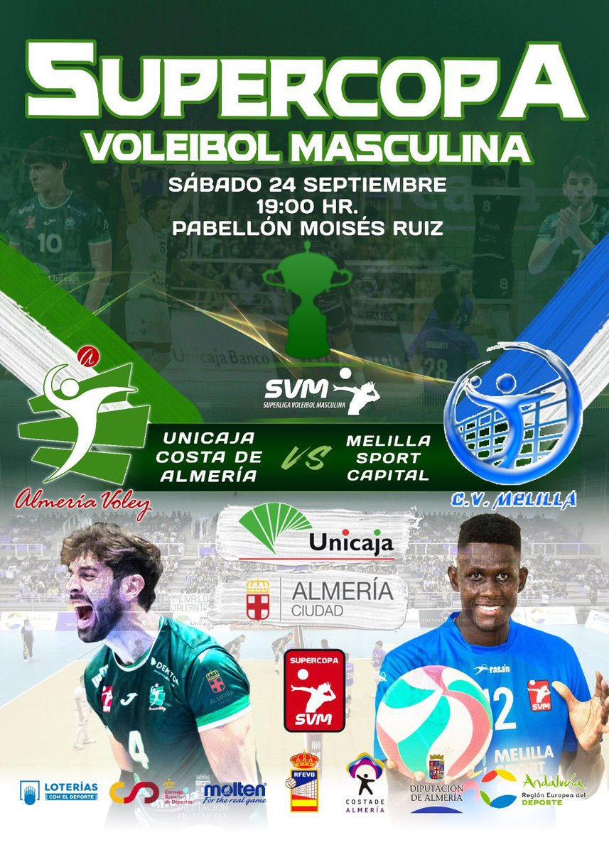 RFEVB's tweet photo. 📅💥 Llegó el momento. El sábado a las 19 horas, @cvalmeria y @cvmelilla abren la temporada en la categoría masculina con la #SupercopaVB.
🏆 El primer título en juego en el Moisés Ruiz
📺 https://t.co/kZHVmJ87U3
📰 Previa https://t.co/a1UVYyc5gO https://t.co/1FQcqrHGAX
