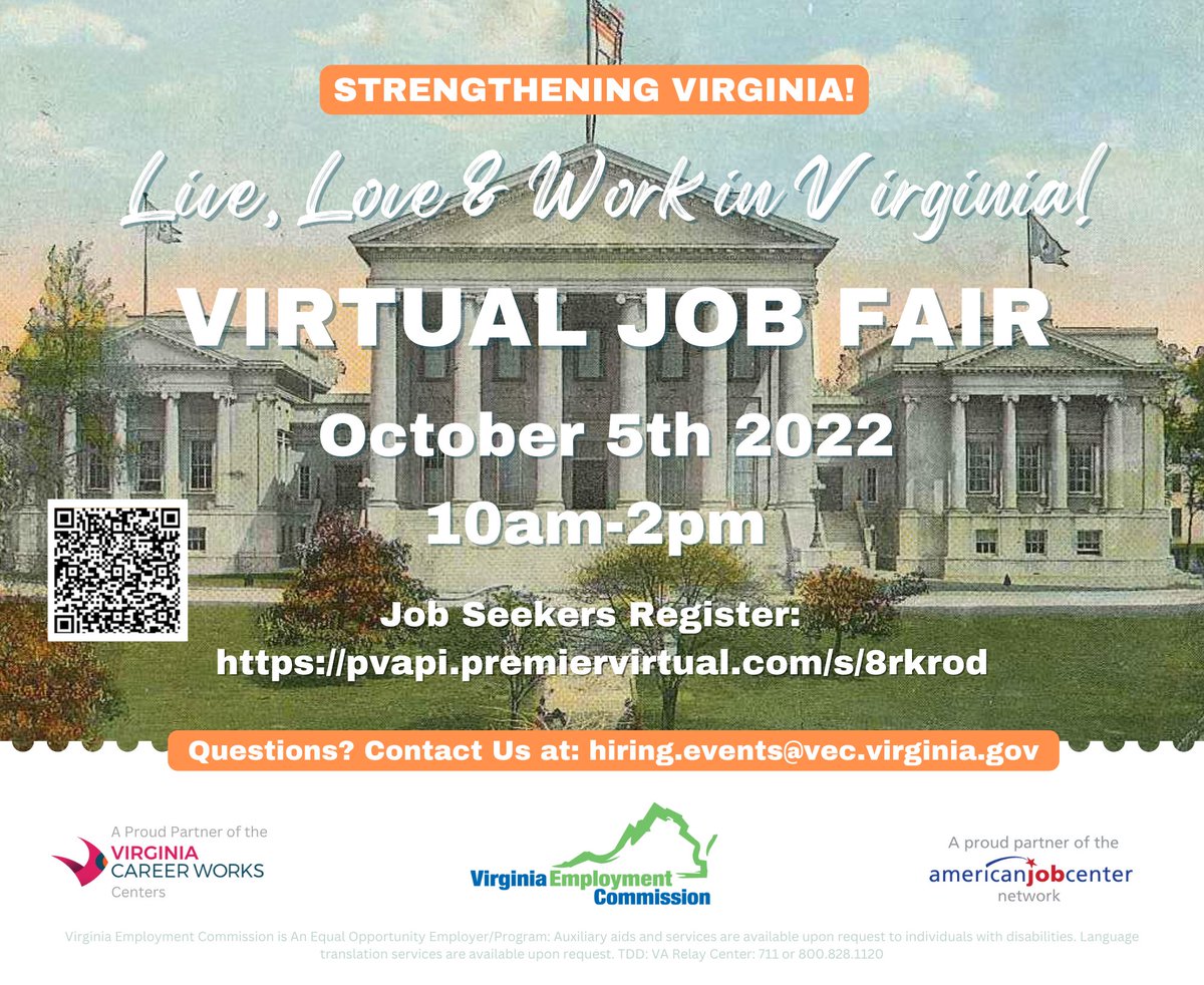 vaemploy's tweet photo. Save the date for the LIVE, LOVE & WORK IN VIRGINIA! Virtual Hiring Event on October 5th from 10am-2pm. There are over 6500 positions throughout the Commonwealth ready to be filled! Let's Strengthen Virginia! For more information & to register visit: https://t.co/Cgl7DCjqTJ https://t.co/LTkTethgLO