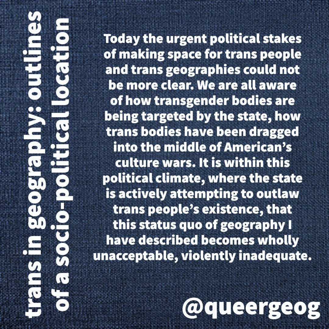 You can watch a recording of my talk "trans in geography: outlines of a socio-political location" here: bit.ly/edenstalk. I talk about the cultural issues that confront q&amp;t people in geog and how it is urgent that we transform geography. Thx to my hosts <a href="/QueerGeogPGRG/">Queer Geographies Postgraduate Reading Group</a>!