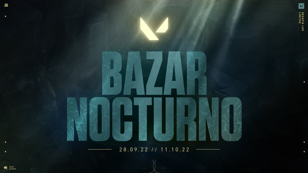 VALORANTLATAM's tweet photo. El sol se pone, pero las ventas recién comienzan. El Bazar Nocturno abre el 28.09.22 a las 19:00 (MX/CO/PE) / 21:00 (CL/AR). https://t.co/QZtipI1ac2