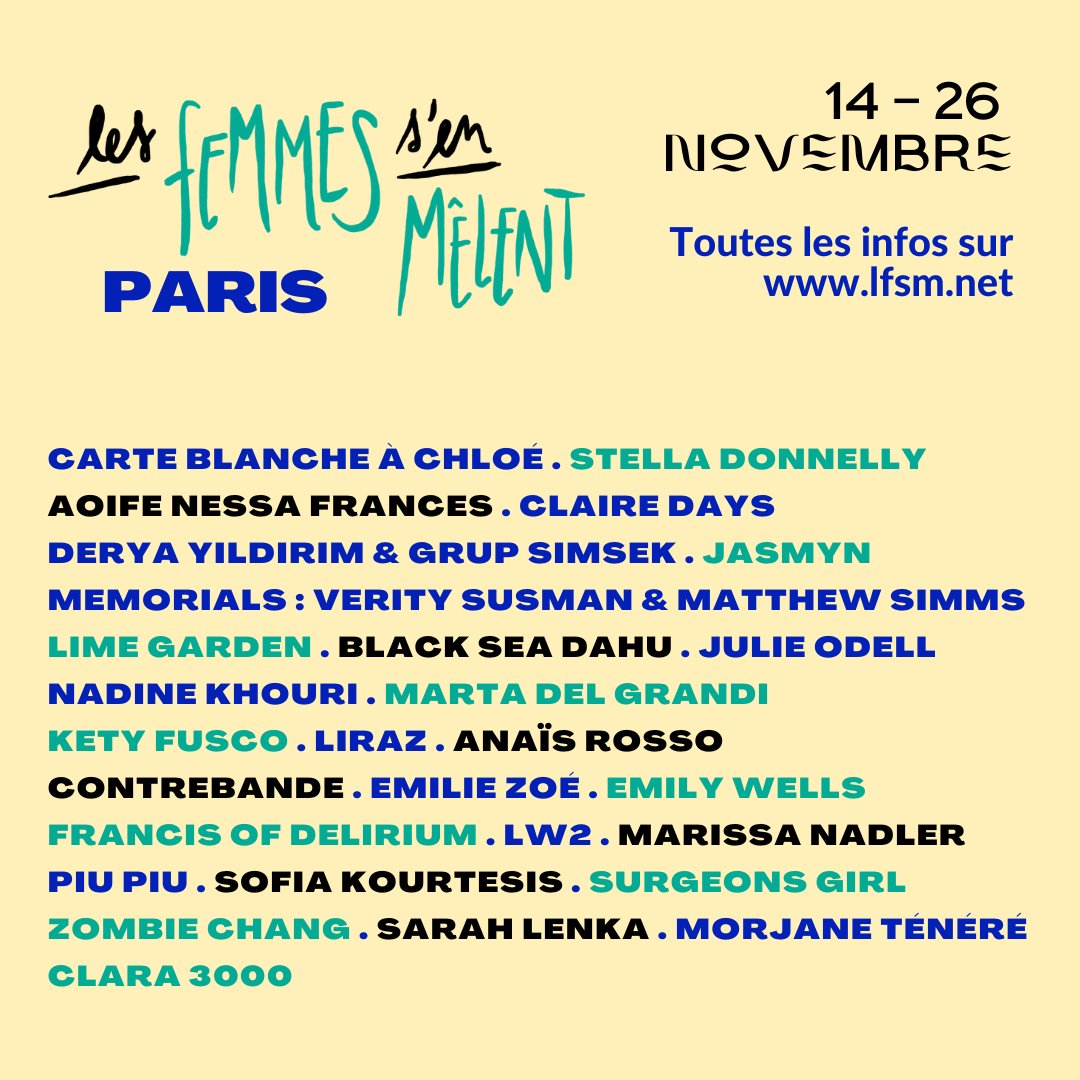 📣 #LFSM2022 - LA #PROG se dévoile ! 🎡
Les Femmes S'en Mêlent à Paris, ce sera 𝗱𝘂 𝟭𝟰 𝗮𝘂 𝟮𝟲 𝗻𝗼𝘃𝗲𝗺𝗯𝗿𝗲 au Point Éphémère, aux Trois Baudets, à Petit Bain, au Café De la Danse, à L'Archipel, au Trabendo et au Pan Piper. Toute la programmation est là👇