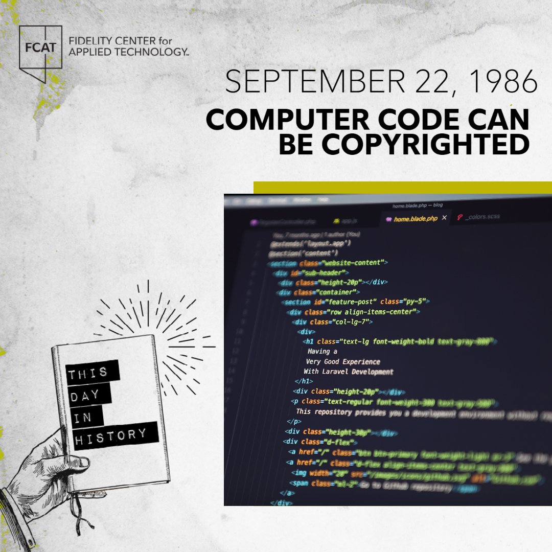 FCATalyst's tweet image. Sept. 22, 1986 was a big day for
#computerprogrammers and engineers! On this day, a federal judge ruled that computer #code is protected by #copyright law, giving code-creators rights over others who copy their work.