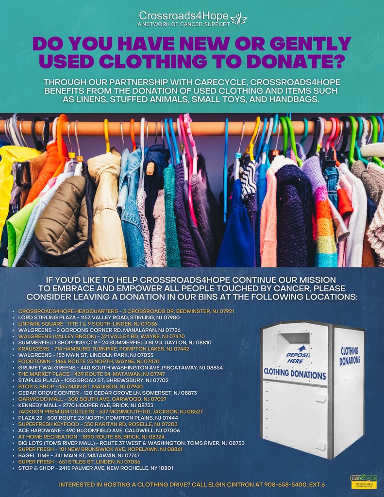 It's time to clean out your closets, folks! Did you know Crossroads4Hope collects any lightly worn clothes, linens, toys, etc. to benefit the many programs and services we offer at no cost to our members. ⁠