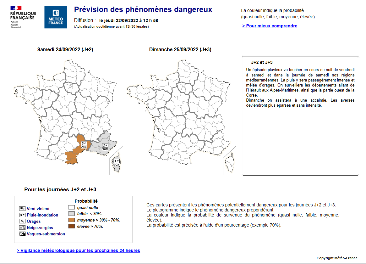 meteofrance's tweet photo. ⛈️🌧️ Un épisode pluvieux va toucher les régions méditerranéennes en cours de nuit de vendredi à samedi et journée de samedi. Pluies passagèrement intenses et mêlées d'orages surtout sur dép. allant de l'#Hérault aux #AlpesMaritimes et ouest #Corse. 

➡️https://t.co/nN4zn820cK➡️ https://t.co/E03dGTVzBv
