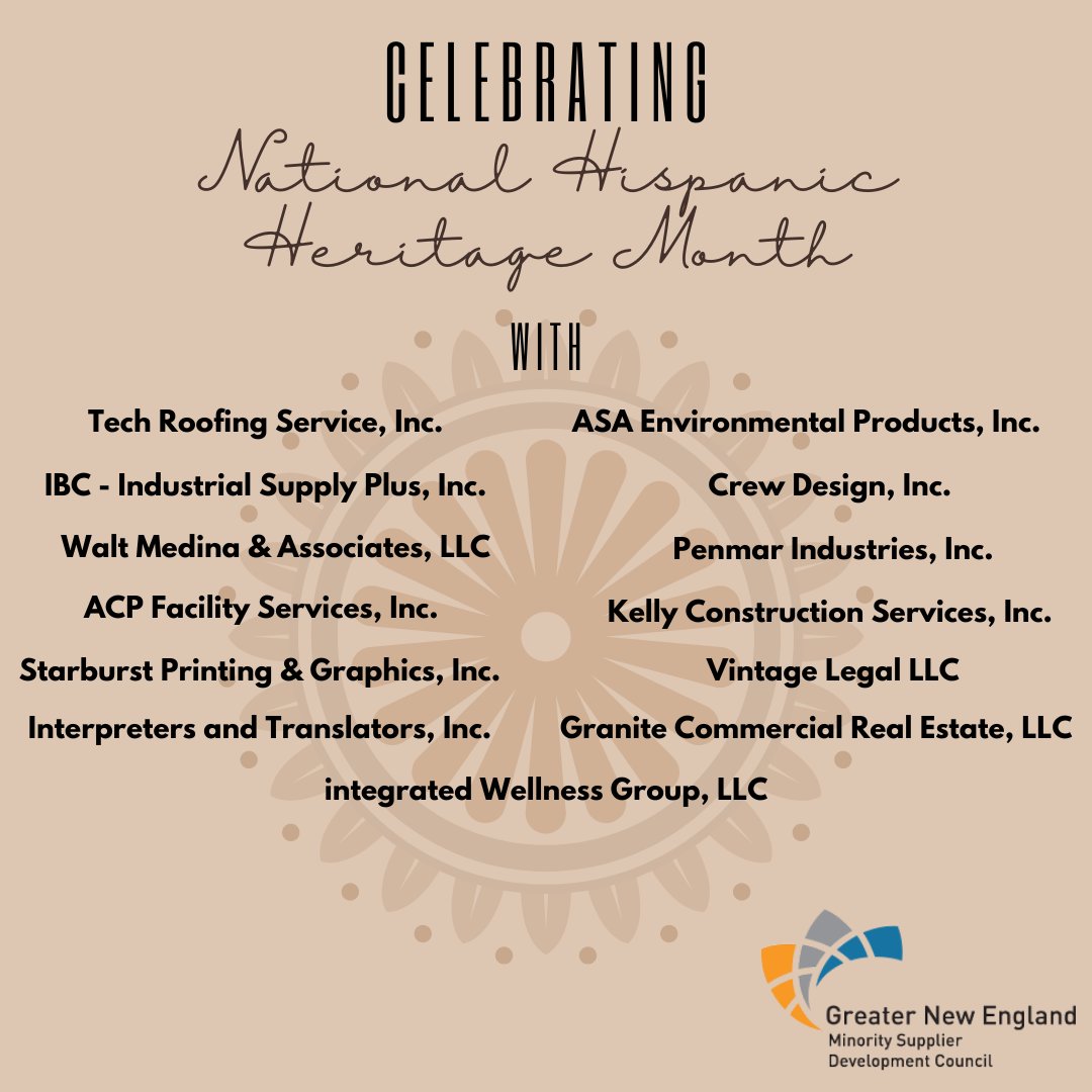 This month, we will take this opportunity to honor all of our Hispanic-owned MBEs for their hard work, dedication and commitment to diversifying the world of business and closing the racial wealth gap!

We wish all of our Hispanic-owned MBEs prosperity and continued success!