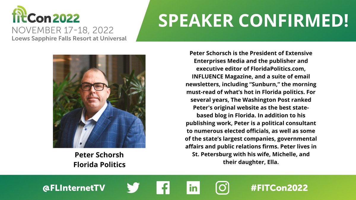 FLInternetTV's tweet photo. #FITCON2022 Speaker Confirmation!🚨
@PeterSchorschFL, President of @Fla_Pol, will be joining our annual conference this year to lay out the state of Florida politics following the November election!
Don't miss out & register TODAY!
https://t.co/jQGizDK0gR https://t.co/nZqIaYZAh5