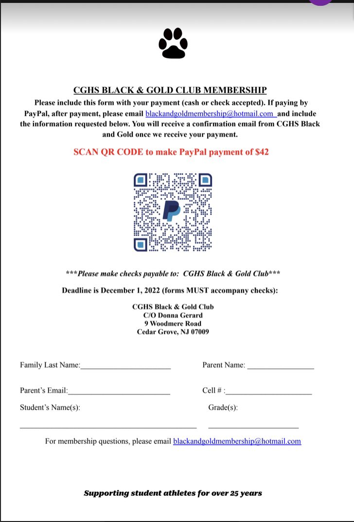 CGHS Black & Gold (@cghsblack_gold) on Twitter photo Join the Black & Gold and pay your membership dues by 11:59 pm tonight to be entered in a raffle to win a $50 Lombardiās Gift Certificate. Pay via PayPal (QR code is shown below) or in person at tonightās Back To School Night. <a href="/CGHS_Athletics/">Cedar Grove Athletics</a> Join the Black & Gold and pay your membership dues by 11:59 pm tonight to be entered in a raffle to win a $50 Lombardiās Gift Certificate. Pay via PayPal (QR code is shown below) or in person at tonightās Back To School Night. <a href="/CGHS_Athletics/">Cedar Grove Athletics</a>