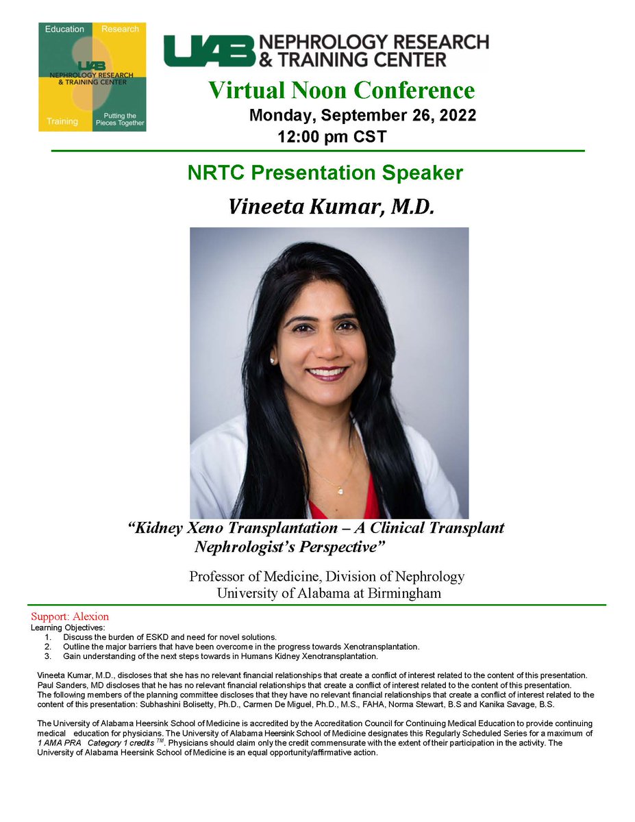 NRTC Seminar - Monday, September 26th, at noon:
Dr. Vineeta Kumar <a href="/VineetaKumar8/">Vineeta Kumar</a>  :
“Kidney Xeno Transplantation – A Clinical Transplant Nephrologist’s Perspective”