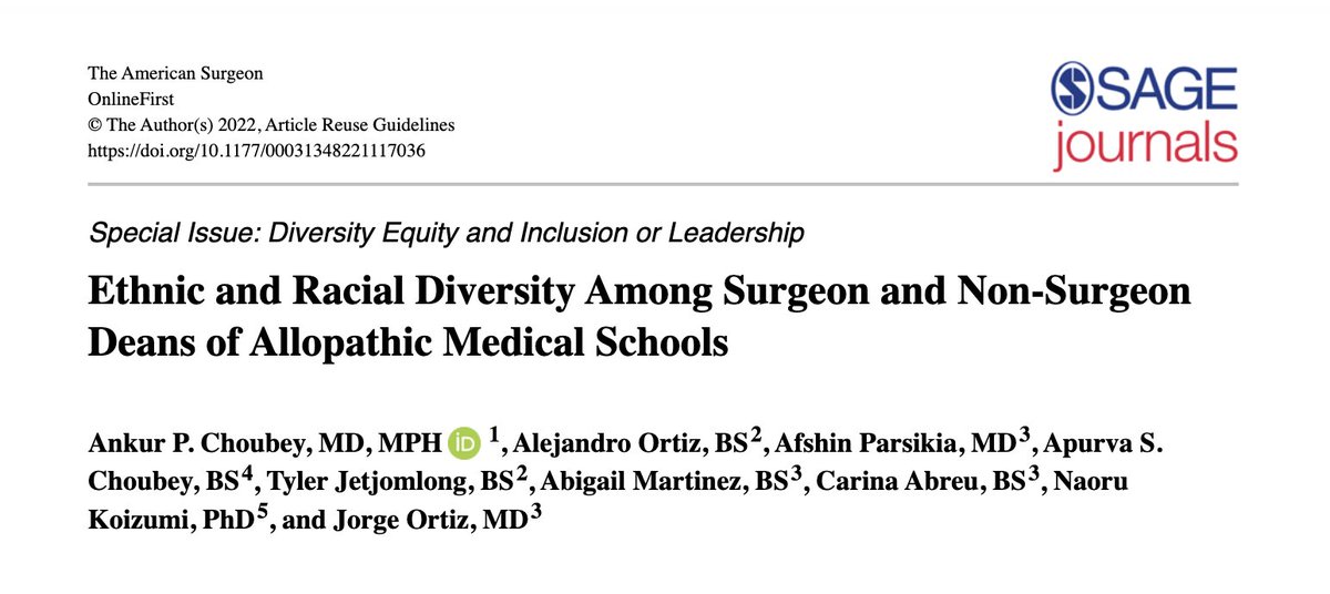 Ankur P. Choubey (@ankurpchoubey) on Twitter photo Pleased to share another publication in our series examining the diversity and leadership in #surgery Published in the <a href="/SESC_AmSurg/">SESC & The American Surgeon</a> special issue on #DEI and #leadership <a href="/rwjsurgery/">Rutgers RWJMS Surgery</a>
doi.org/10.1177/000313… Pleased to share another publication in our series examining the diversity and leadership in #surgery Published in the <a href="/SESC_AmSurg/">SESC & The American Surgeon</a> special issue on #DEI and #leadership <a href="/rwjsurgery/">Rutgers RWJMS Surgery</a>
doi.org/10.1177/000313…