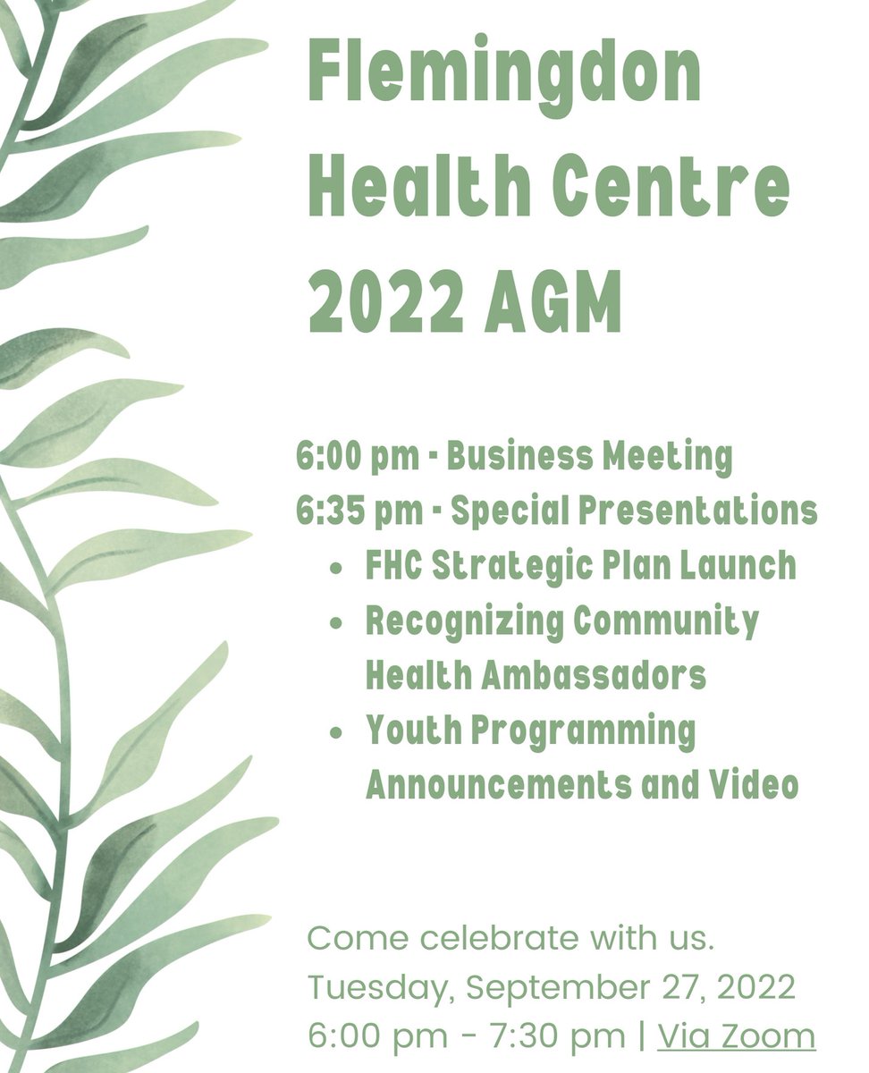 Come celebrate with us. The Flemingdon Health Centre 2022 Annual General Meeting is open for community members to attend. Please see event details below: Date: Tue 27 September 2022 Time: 6pm to 7.30pm Where: Zoom (Meeting Link: bit.ly/3qWZ4PO) See you there!