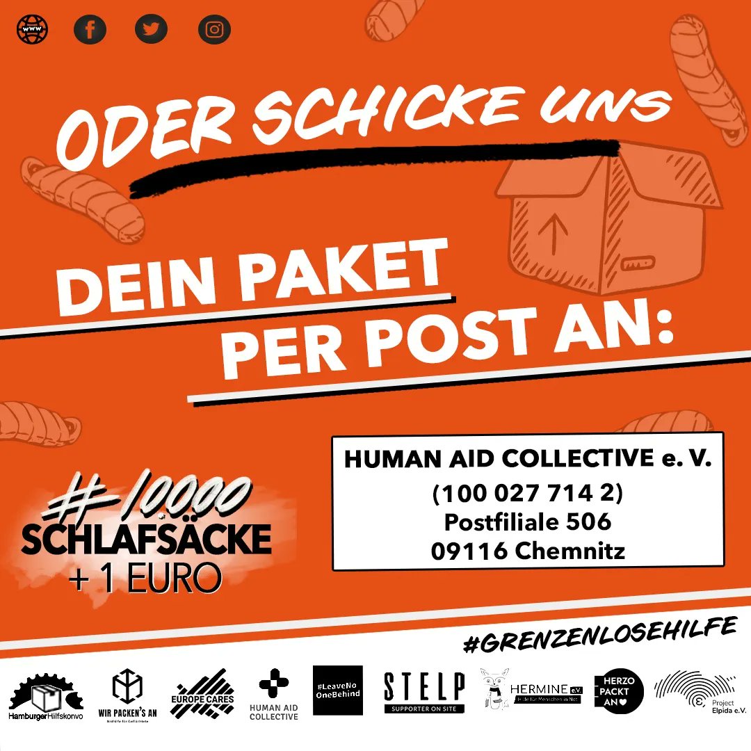 aid_collective's tweet photo. #GrenzenloseHilfe bedeutet #Nothilfe über Ländergrenzen hinweg – deshalb sammeln wir ab sofort
für 4 Wochen #10.000Schlafsäcke + 1€ für den Transport von Geflüchteten an die EU-Außengrenzen.
#8 NGOs aus 6 Bundesländern mit 1 Mission. Werde jetzt #aktiv und setze ein Zeichen! https://t.co/14BD5Jl3Cz