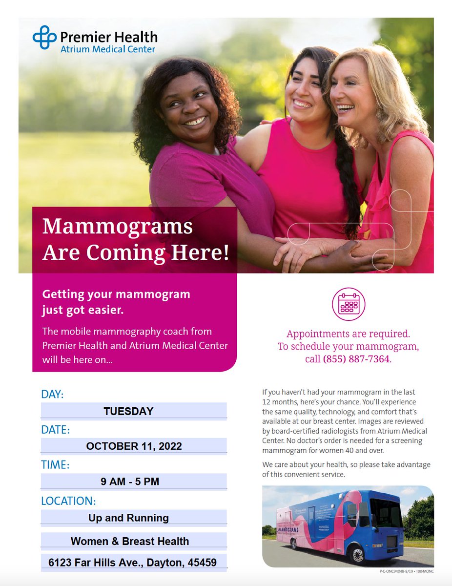 upandrunningOH's tweet photo. Have you scheduled your mammogram yet? The Premier Health Mobile Mammogram will be at both stores! October 10th in Troy and October 11th in Dayton! Call Premier Health (855-887-7364) today to schedule your appointment! https://t.co/3Gmh3dYr6h