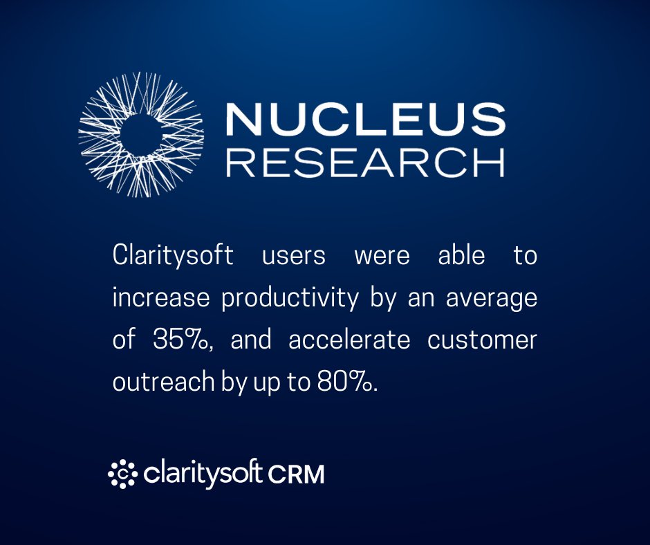 Claritysoft's tweet photo. Independent technology ROI research think tank, Nucleus Research, puts Claritysoft CRM through its rigorous scrutiny.

SPOILER ALERT:  Let's just say we were very happy with the results. Read their synopsis and get access to the full report in the comments.

#claritysoftcrm #crm https://t.co/cjgsmMXzsF