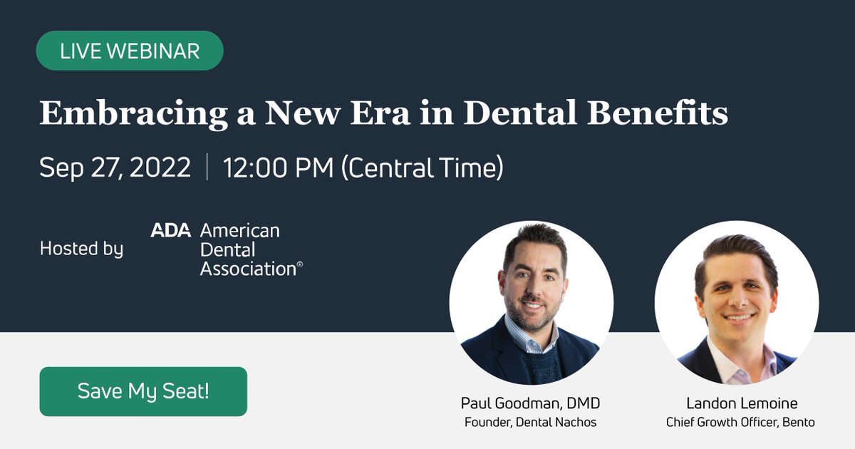 BentoDental's tweet photo. We are delighted to join the American Dental Association and Dr. Paul Goodman from Dental Nachos to discuss "Embracing a New Era in Dental Benefits."

Click on the link below to learn more and sign up!

Sept. 27 at 1:00PM ET 
Link: https://t.co/dzO0zQsOGU https://t.co/0TI2W4JCHR