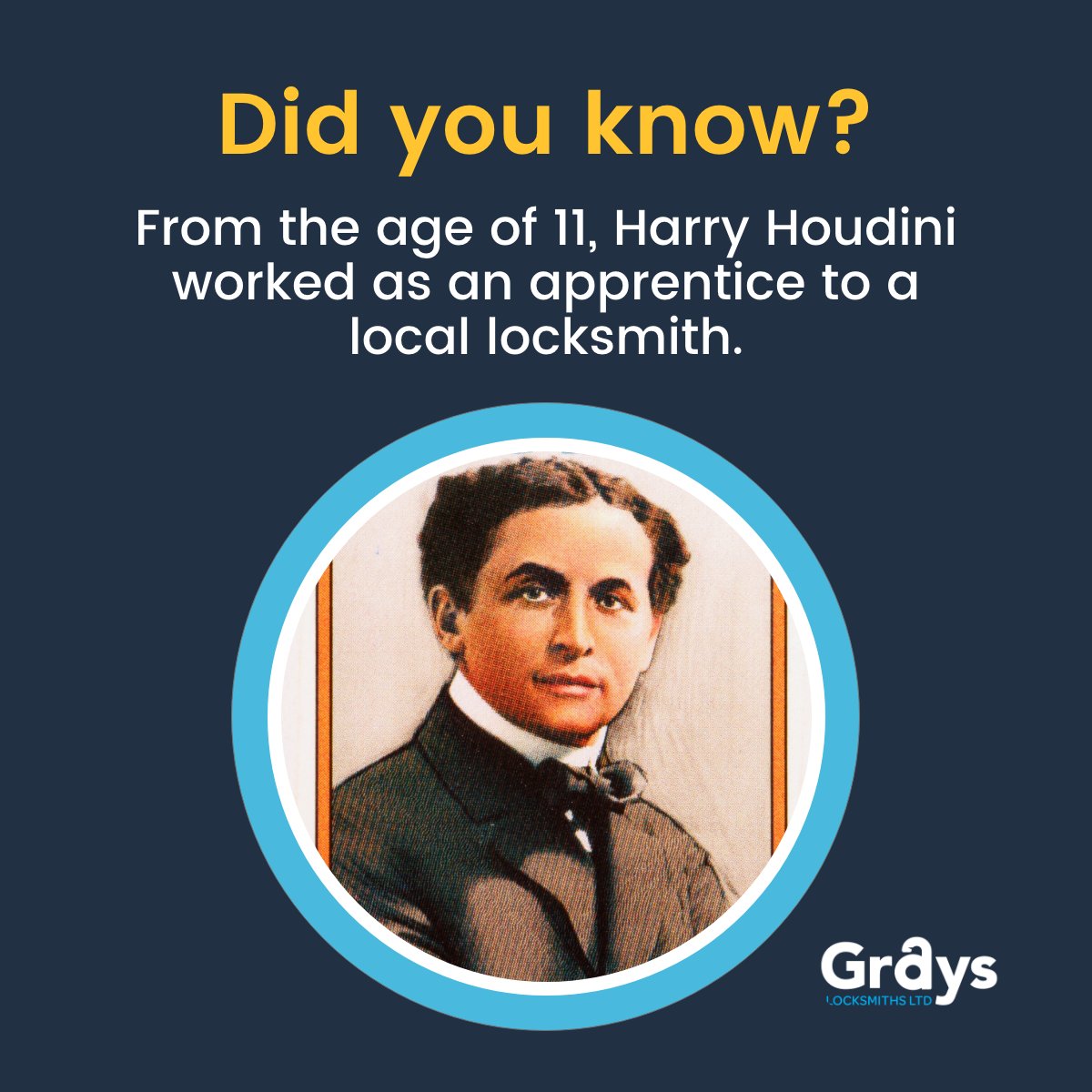 GraysLocksmith's tweet image. No wonder Houdini was so good with his escape acts!🤣

Who else knew he started out as an apprentice locksmith?

#didyouknow #locksmithfacts #locksmiths