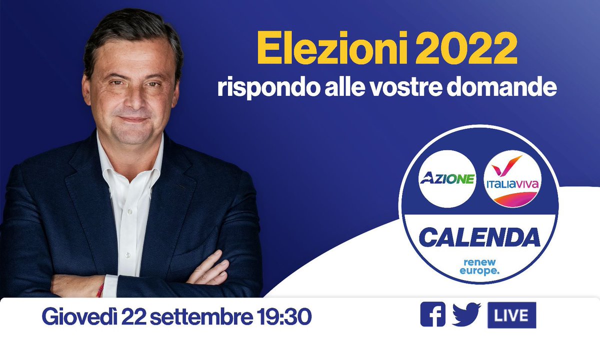 CarloCalenda's tweet photo. Ci vediamo questa sera alle 19:30 in diretta sui miei canali Facebook e Twitter. Risponderò alle vostre domande. Vi aspetto! 

#ItaliaSulSerio https://t.co/wj0W9SzJbq