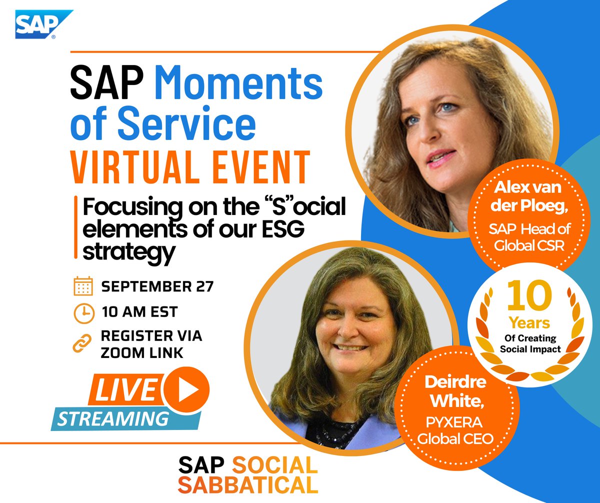 Save the date! I'll be joining the upcoming SAP 𝗠𝗼𝗺𝗲𝗻𝘁𝘀 𝗼𝗳 𝗦𝗲𝗿𝘃𝗶𝗰𝗲 virtual webinar to unpack the key global challenges that can be addressed by focusing on the S in ESG. Register now to reserve your seat! ➡️ hubs.ly/Q01mqg810 #SAP4Good
