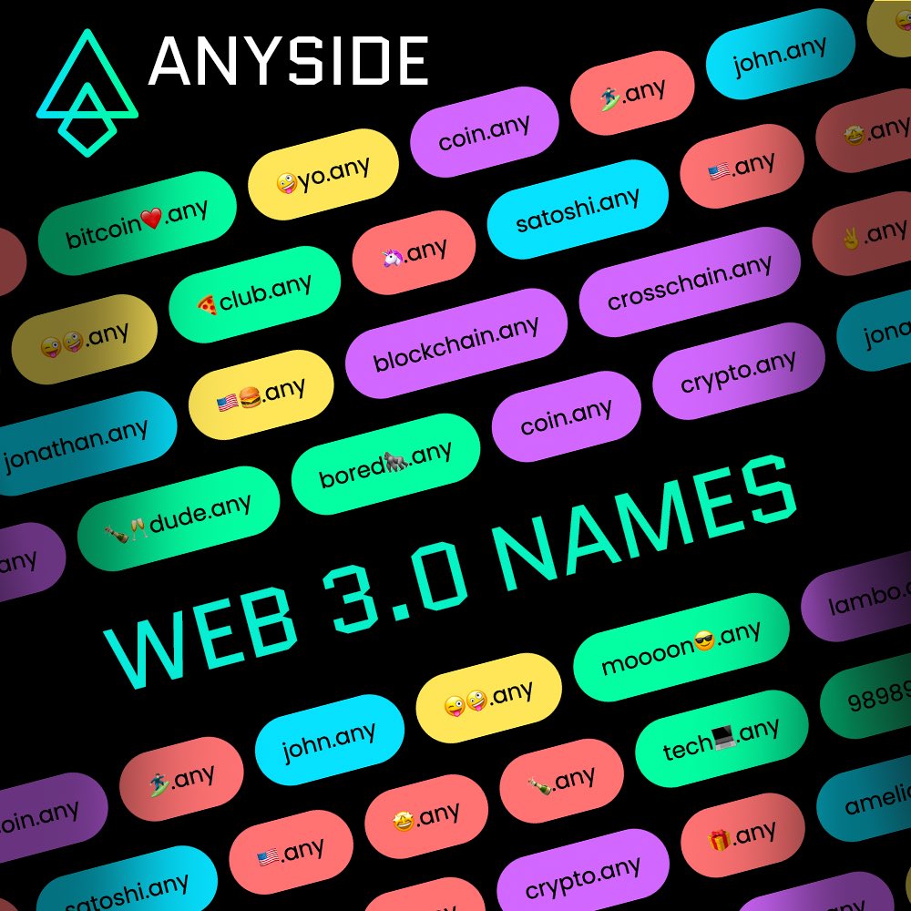 AnysideNames's tweet photo. Your name, domain, and space for your Web 3.0 identity or brand

1️⃣ Stand out with a unique name

2️⃣ Showcase your socials and content on your Web3 page

3️⃣ Unify all your identities under one roof

4️⃣ Mint and trade names in multiple cryptocurrencies

Anyside. It’s all about you https://t.co/KWcVxkWz1U