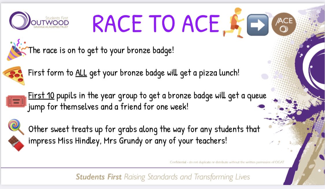 MissHindleyMFL's tweet photo. The ‘Race to ACE’ has officially started here at @OutwoodHindley, some amazing students already edging towards their bronze badge! 👏🏼 Keep going Year 7! 🎉 #RacetoACE https://t.co/s7acBytsZ4