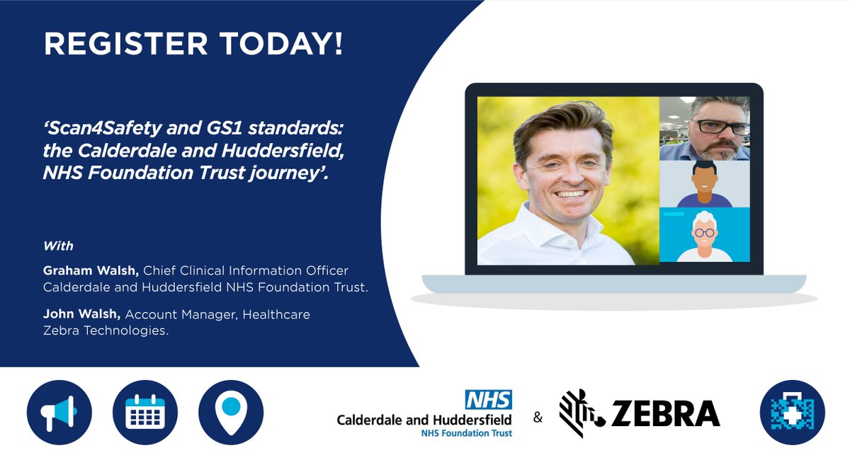 💻  Register today to the next GS1 Healthcare #webinar - September 29th, 1.30pm CET. 

#Scan4Safety &amp; <a href="/GS1/">GS1</a> #standards: the Calderdale &amp; Huddersfield, NHS Foundation (<a href="/CHFTNHS/">Calderdale and Huddersfield NHS Foundation Trust</a>) Trust journey with our guests Graham Walsh (<a href="/Kneesolutions/">Graham Walsh</a>) and John Walsh.

👉 bit.ly/3emZ9JA