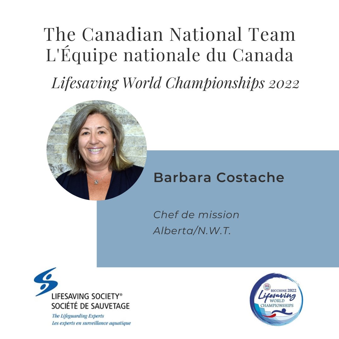 Nous remercions le chef de mission Barb Costache, qui sera en tête de la délégation canadienne aux Championnats du monde de sauvetage 2022 à Riccione, en Italie.