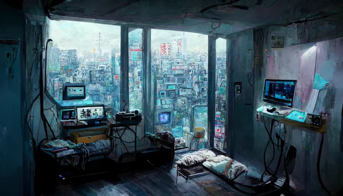 主人公の部屋。#サイバーパンク桃太郎#本編に入れる場所が無かった画像この画像を作っている段階では「桃太郎ベース」ということしか決まっておらず、主人公をどういう設定にするか何一つ未定でした。Midjourneyの特性を知ろう!という方針で色々と試していました。 