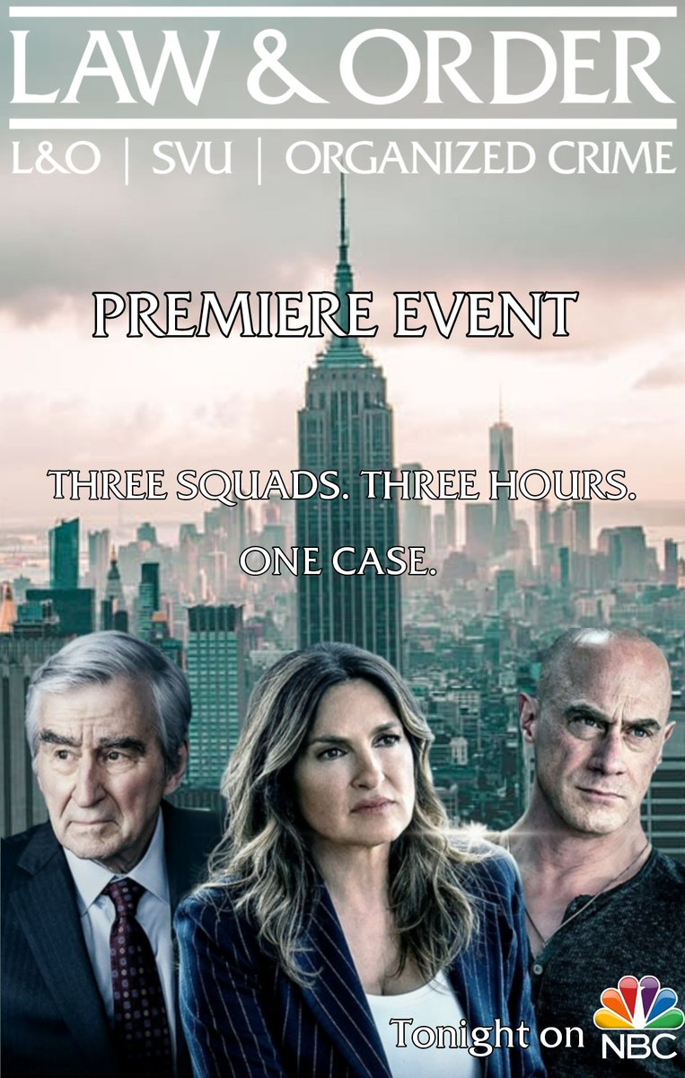 CaskettOlitz's tweet photo. Tonight!! This is not a rill!! Tonight is Law And Order Thursday!!! Tonight mega 3 hour Season Premiere event!!!! #SVU24 #OrganizedCrime3 #LawAndOrder22 #PremiereEvent #SeasonPremiere #3squads #LawAndOrderThursday @Mariska @Chris_Meloni https://t.co/5e3zd5dQmE