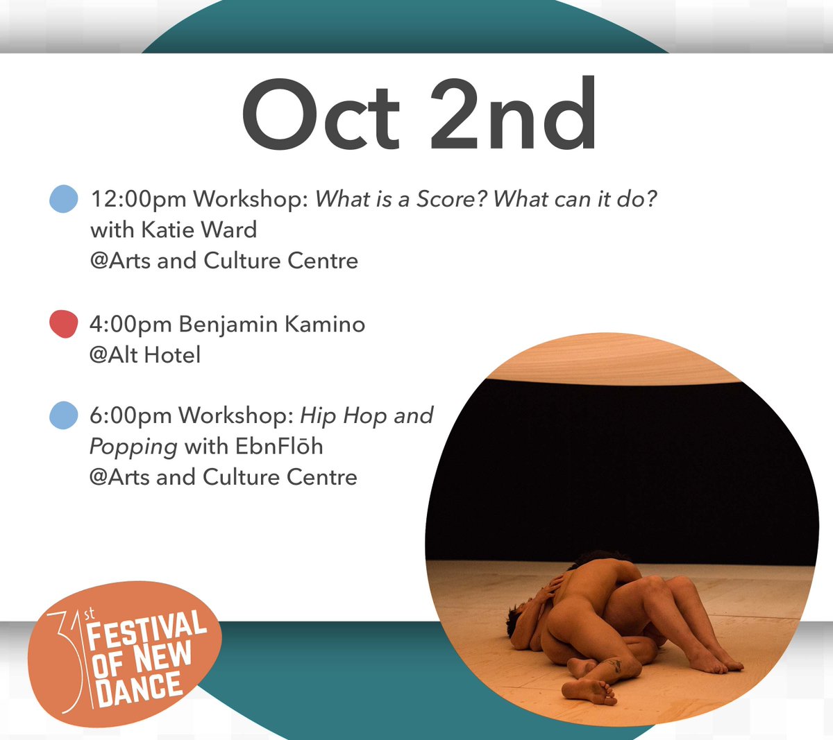 NDanceWorks's tweet photo. FND31 Day 4, October 2nd: 

"Workshop: What is a Score? What can it do?" Day 2 with Katie Ward 12:00PM @ Arts and Culture Centre

"m/Other" by Benjamin Kamino and Gabby Kamino 4:00PM @ Alt Hotel

Get your Tickets NOW at https://t.co/nSzmXKD5bo individually or in bundles! https://t.co/OoGoby44Sh