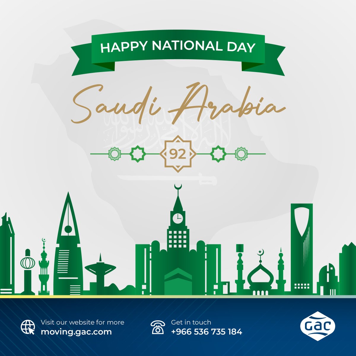 gac_moving's tweet photo. GAC International Moving wishes everyone in the Kingdom of Saudi Arabia a Happy 92nd National Day! 
Let us celebrate the nation's independence and achievements with high spirits.

#SaudiArabia #NationalDay #SaudiNationalDay #KSA #GAC #Greeting #MovingCompany https://t.co/CWTpFAWE0e