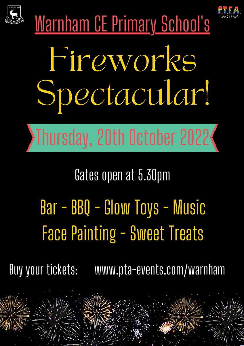 Tickets on sale now at pta-events.com/warnham - enter code 'EARLYBIRD' at checkout to secure yours for £5pp before 14th October. Preschoolers go free! 🤩✨🎆