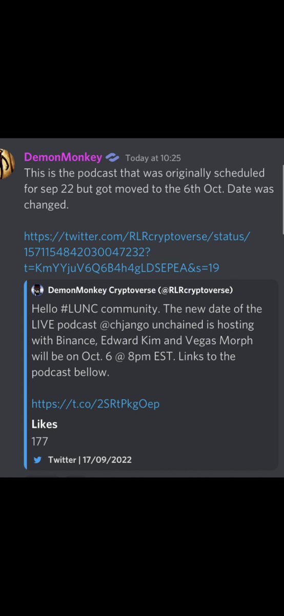 LunaBurn_13's tweet photo. Here’s an update about the upcoming podcast with @binance that was supposed to be 22nd September which was moved to 6th October. Save the date and watch it if you have chance 🤗 #lunc #LUNCcommunity #LUNCARMY #lunaclassic https://t.co/sn5bzroRB1