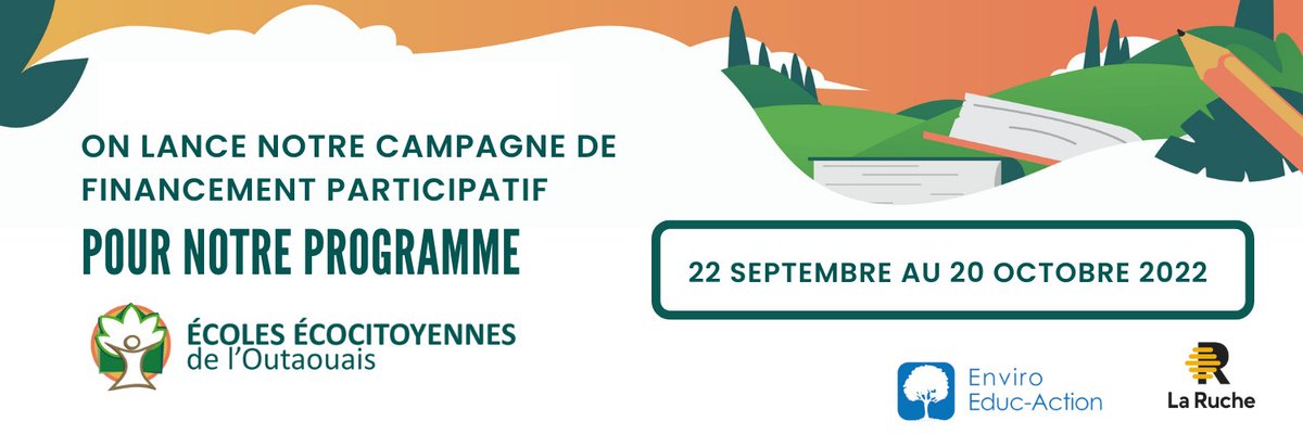 EEA lance sa campagne de sociofinancement pour son programme Écoles écocitoyennes de l'Outaouais ! 🥳😍 
Vous pouvez contribuer à la campagne du 22 septembre jusqu'au 20 octobre, contribuer DÈS MAINTENANT! 
💚Par ici pour nous supporter: laruchequebec.com/ecoles-eco