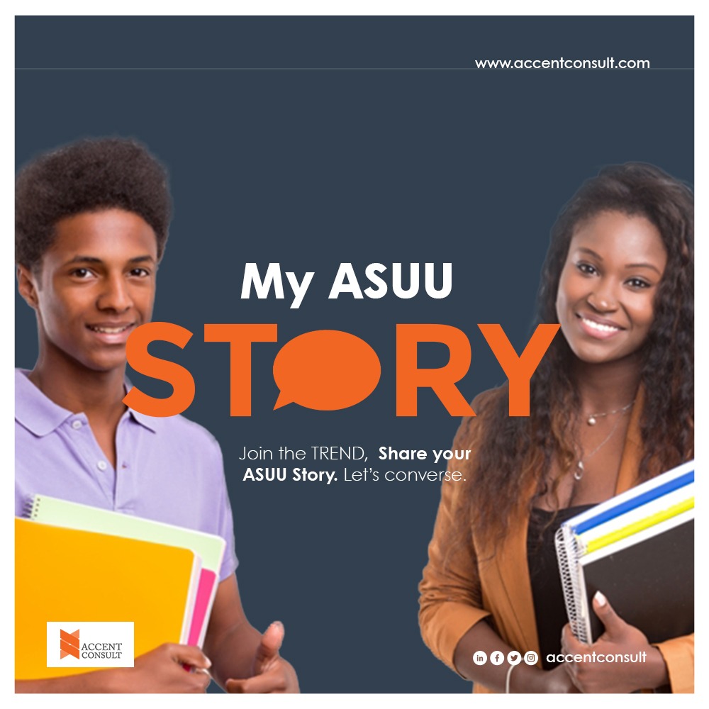 accentconsult1's tweet photo. We cannot deny that the ASUU strike has affected the lives of students one way or the other. Accent Consult is doing a survey on the effect of the ASUU strike and wants to hear how it has affected you as a student. 
We want to hear your ASUU story.
#MyAsuuStory
#AccentConsult https://t.co/Ja3DQmWq7P