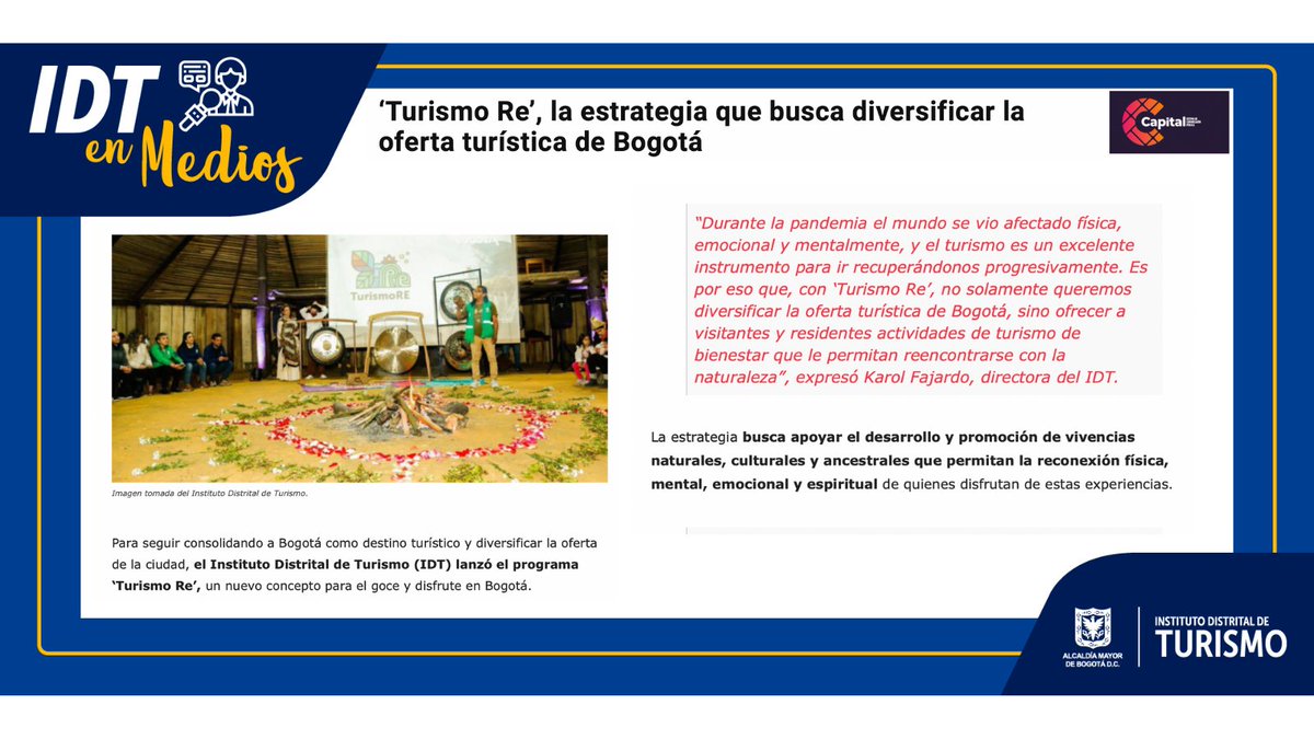 Bogota_Turismo's tweet photo. #IDTEnMedios I Para seguir consolidando a @Bogota como destino turístico, desde el @IDTBogota lanzamos #TurismoRE 🌳💚, estrategia para apoyar nuevas vivencias naturales, culturales y ancestrales de la ciudad.
Conoce más en: https://t.co/1UUQa1kBGU https://t.co/WaikTGUvOo