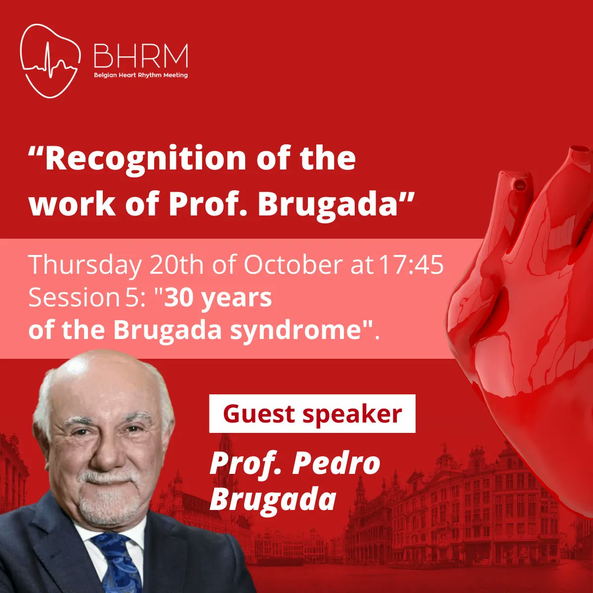 BHRM_Meeting's tweet photo. Don't miss it ! 📢 “Recognition of the work of Prof. Brugada”  is scheduled on Thursday 20th of October at 17:45 during Session 5: 30 years of the Brugada syndrome. REGISTER HERE:  https://t.co/bmyfW0EPHc #cardiology #congress #cardiologycongress #rhythmology https://t.co/xNNvpdg82V