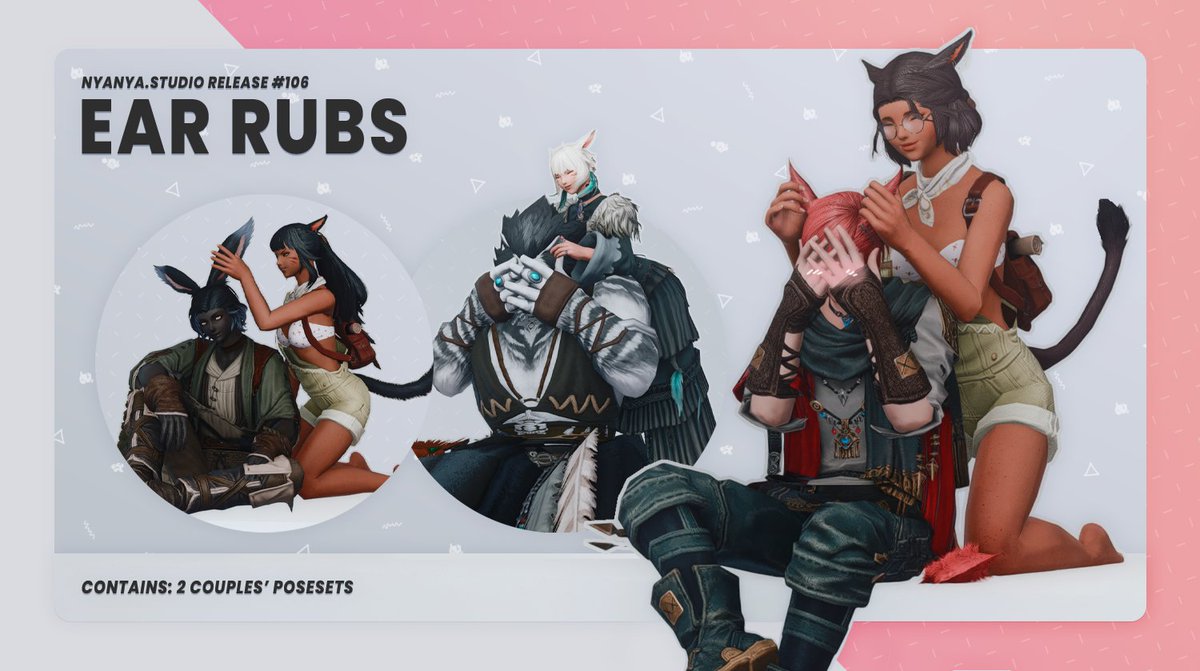 nyanyaxiv's tweet image. Ear rubs 🐈 Anamnesis poses

2 couples&apos; posesets

Download, info &amp;amp; previews: 
nyanya.studio/ear-rubs/

WIP&apos;s, early releases &amp;amp; updates: 
discord.gg/renya-studios

♢ #nyanyastudio ♢ #anaposing ♢
