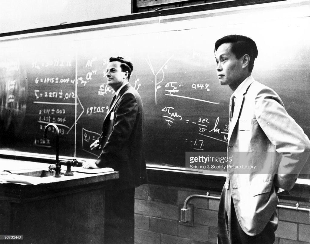 Two titans of Quantum Field Theory: Richard Feynman and Chen Ning Yang c. 1950s. Both Nobel Laureates.

Yang's best known for his role as co-discoverer of parity violation while Feynman had significant contributions to the development of the QED.